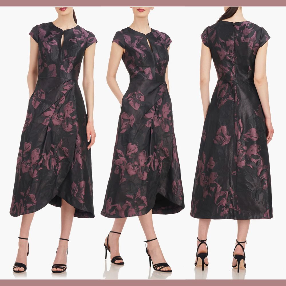 NEW$348 Kay Unger [ 4 ] Massima Metallic Floral Jacquard Midi Dress Mink Rose J7